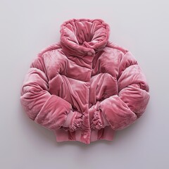 A pink velvet puffer jacket displayed flat, showcasing its plush texture and stylish design.