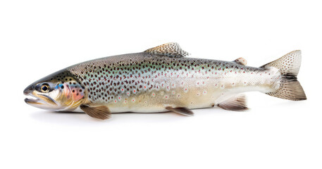 A fresh rainbow trout displayed on a white background.
