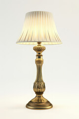 A decorative table lamp with a gold base and a pleated white shade.