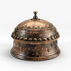 A decorative copper container with intricate designs and a rounded lid.