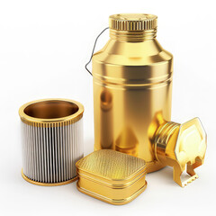 A collection of golden industrial containers and filters for various applications.