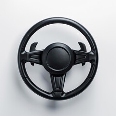 A top-down view of a sleek, modern steering wheel designed for vehicles.