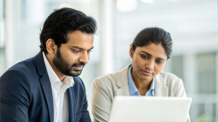 Obraz premium Professional Indian coworkers focused on data analysis — discussing business solutions in office