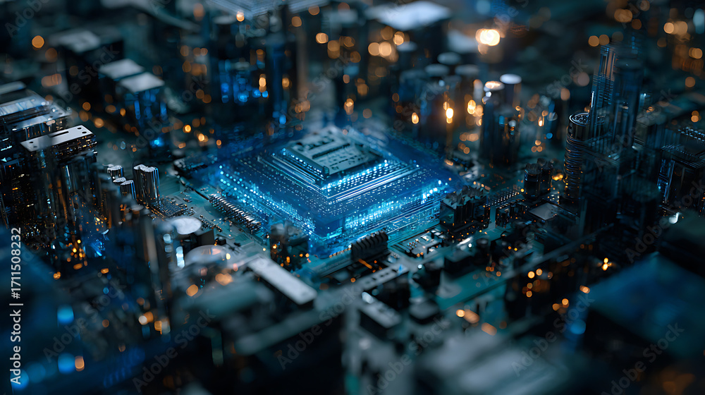 Poster visual storytelling through the micro world of an intricate blue processor