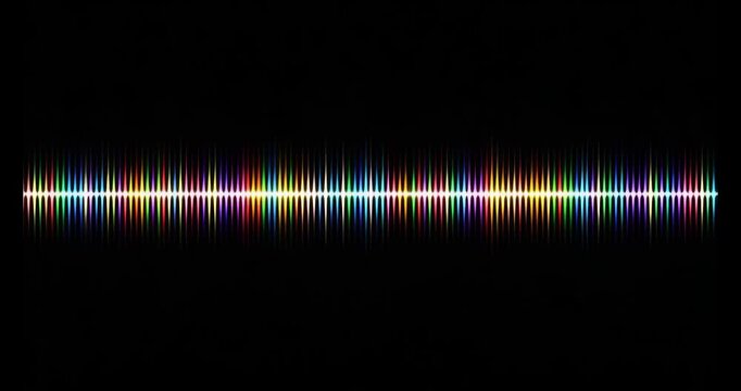 Abstract spectrum of light pulses forming a horizontal line against a black background