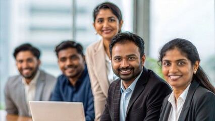 Fototapeta premium Indian business team posing together in office boardroom — showcasing collaboration and growth