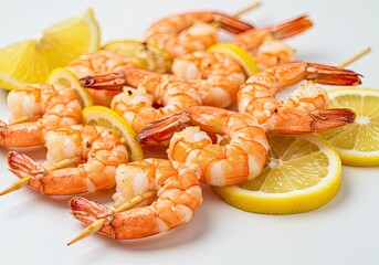 Grilled Shrimp Skewers with Garlic Butter on White Background 