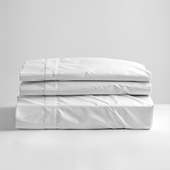 A neatly stacked set of white bed linens on a clean surface.