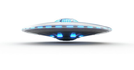 Fototapeta premium A futuristic flying saucer with glowing blue lights hovering above a white background.