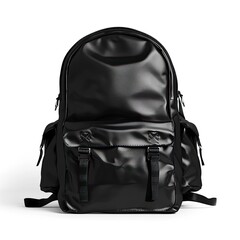 A sleek black backpack with multiple pockets and a glossy finish, ideal for travel or daily use.