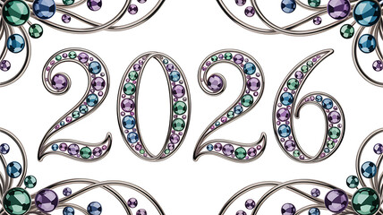 Sparkling 2026 new year design featuring jeweled numbers and decorative flourishes against a clean white backdrop perfect for invitations and celebratory graphics for the upcoming year