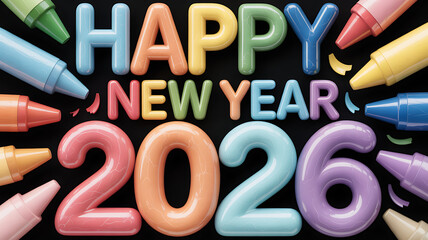 Colorful happy new year 2026 celebration design with vibrant crayon accents perfect for festive greetings and creative projects adding a playful touch to the new year