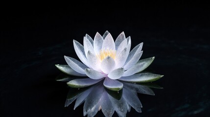 Elegant white water lily flower floating on dark water with a serene reflection.