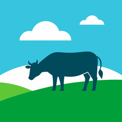 Stylized silhouette of a cow grazing on a green hill under a blue sky
