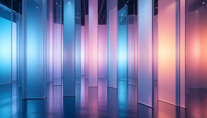 Captivating modern architectural space with glowing vertical panels in vibrant blue, pink, and orange hues, creating a futuristic and elegant atmosphere for presentations or events.