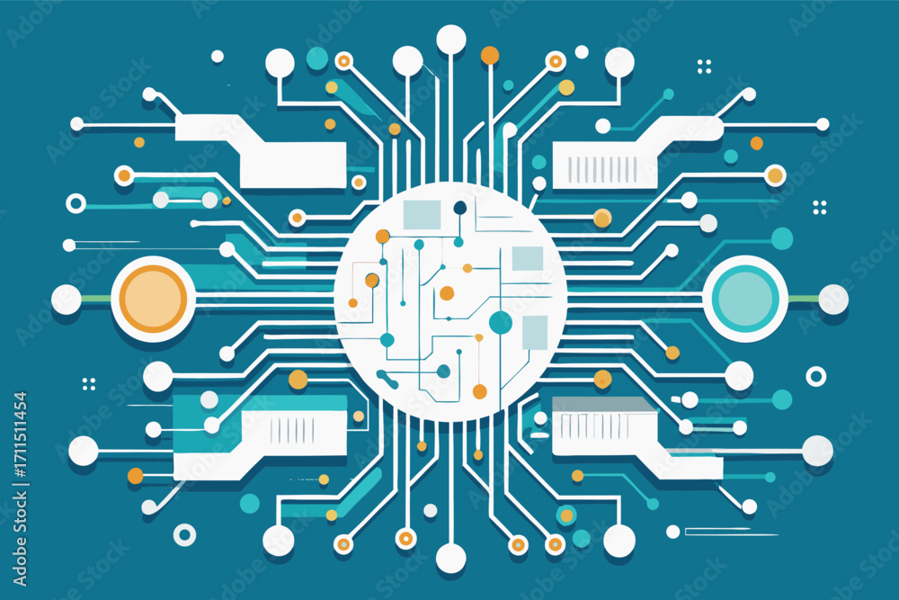 Poster digital circuit design featuring interconnected components on a vibrant blue background