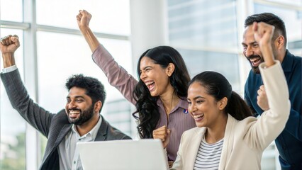 Fototapeta premium Group of Indian professionals cheering success — joyful celebration in modern workplace