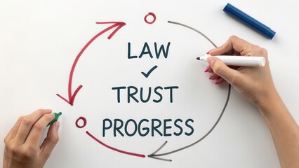 Conceptual representation of law, trust, and progress with circular arrows and hands holding markers