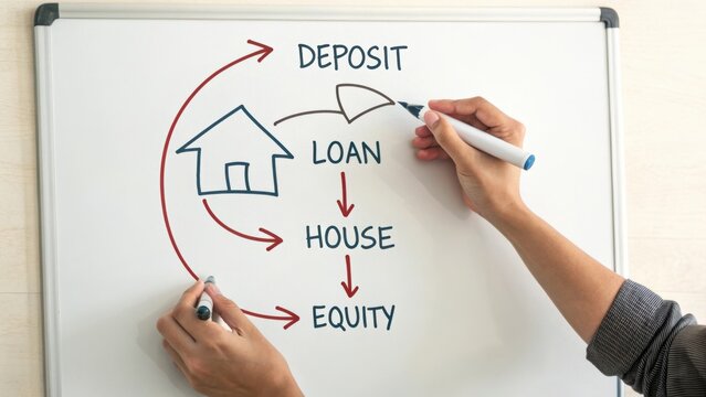 Deposit Loan House Equity Flow Diagram for Real Estate Finance and Mortgage Illustration on Whiteboard