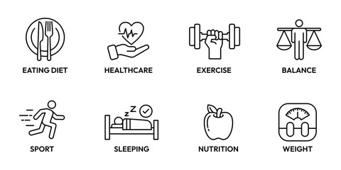 Healthy lifestyle icon set. Containing icons healthcare, nutrition, eating diet, sports, running, routine, exercise, workout, sleeping, balance, weight, healthy food. Vector Illustration.