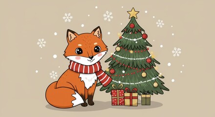 A charming illustration of a cute fox wearing a festive scarf, positioned beside a decorated Christmas tree with presents, set against a soft beige backdrop.