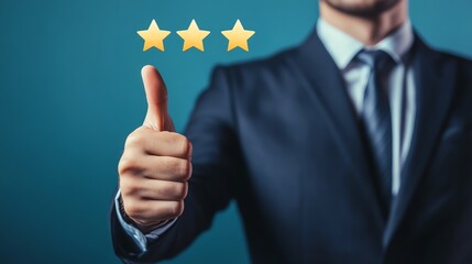 Man in suit giving positive feedback with thumbs up.
