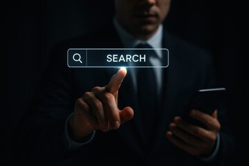 Businessman Using Smartphone for Digital Search in Dark Environment with Futuristic Overlay