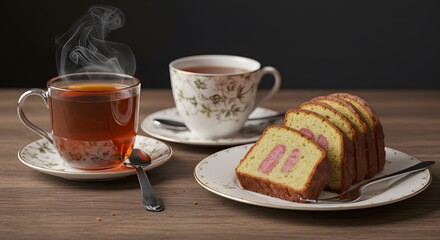 Tea and cake dessert still life
