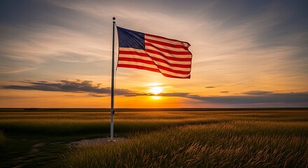 American Flag at Sunset Over Field.