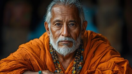 Fototapeta premium An elderly man with a weathered face wearing an orange robe and adorned with multiple bead necklaces looking directly at the