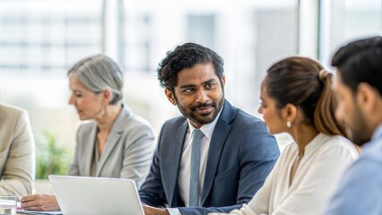 Office meeting with diverse professionals &mdash; Indian business leader engaging in teamwork and planning