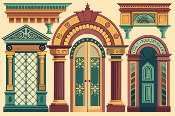 Obraz premium Elements of architectural design showcasing colorful doors and decorative frames in a vintage style