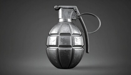 Render a classic metallic fragmentation grenade with textured segmented surface, safety lever, and pull ring pin, isolated on dark background, emphasizing tactical design, mechanical detail, and milit
