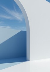 Abstract architectural rendering of a minimalist white archway opening to a blue sky.