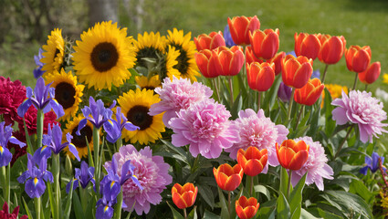 Obraz premium Vibrant Garden Display of Sunflower, Tulip, Iris, and Peony Blooms