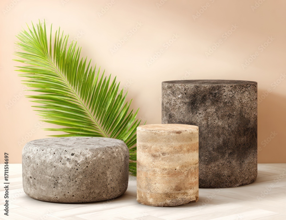 Poster three textured stone podiums with a tropical palm leaf create a modern and stylish display in a soft