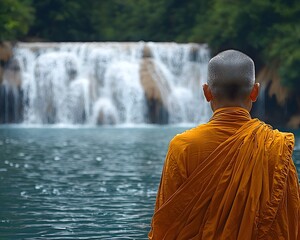 Obraz premium Buddhist monk in prayer beside a tranquil waterfall immersed in nature