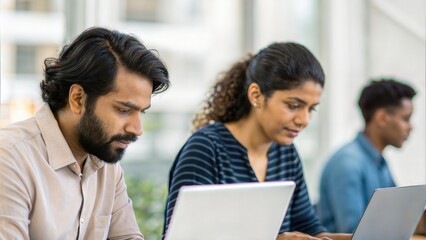 Creative Indian colleagues using laptop together — brainstorming innovative design solutions
