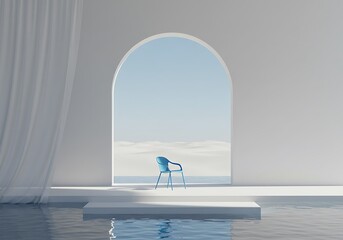 Minimalist scene with a blue chair in front of an archway overlooking the sea.
