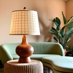 Teak wood table lamp with a fabric shade in a midcentury living room