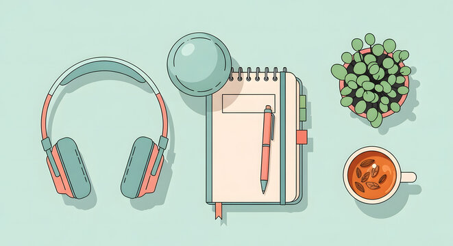 Flat lay composition of a notebook, headphones, magnifying glass, plant, and coffee cup on a pastel green background.