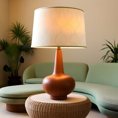Teak wood table lamp with a fabric shade in a midcentury living room