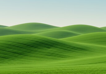 Obraz premium Rolling green hills under a clear blue sky, a serene landscape.