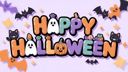 Cute Happy Halloween Illustration with Cats, Ghost, and Pumpkin
