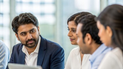 Obraz premium Group of Indian business colleagues in office — engaged in discussion and attentive listening