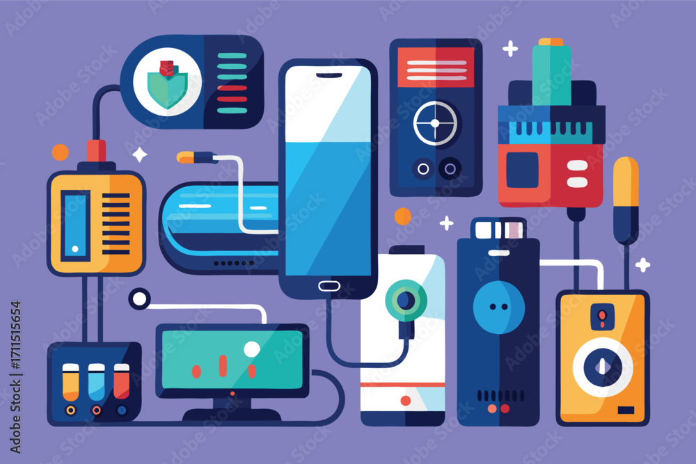 Poster digital devices and technology gadgets connected and arranged on a colorful background
