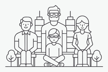 Family enjoying a day in the park with city skyline in the background during sunny afternoon