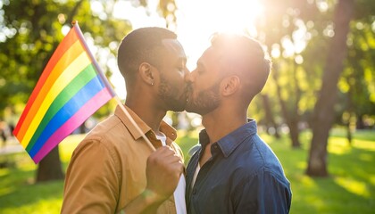 Two men kissing in a park