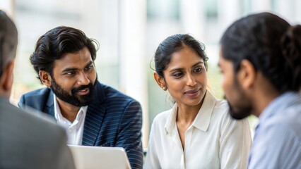 Obraz premium Professional Indian team paying attention during workplace conversation — symbolizing communication and focus