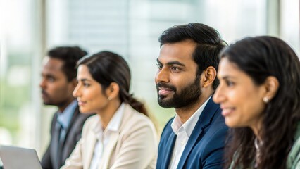 Fototapeta premium Indian office workers listening carefully in meeting room — reflecting cooperation and corporate culture